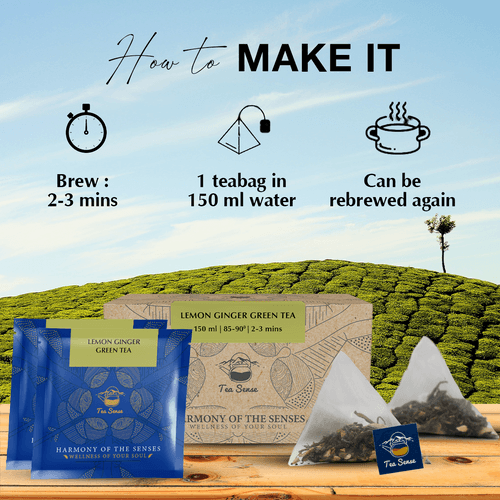 TEA SENSE Lemon Ginger Pyramid Green Tea Bags | 15 pcs