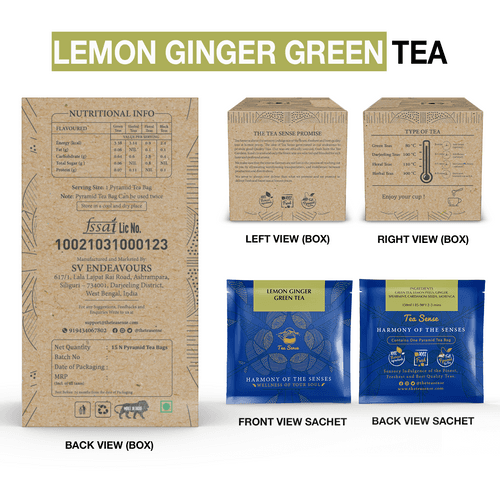 TEA SENSE Lemon Ginger Pyramid Green Tea Bags | 15 pcs