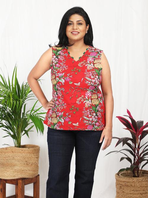 Krisha Red Cotton Sleeveless Top