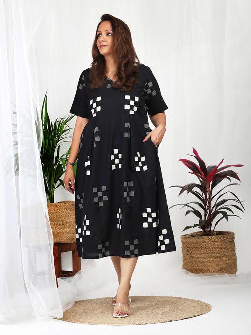 Kuvira Black Cotton Block Print Dress