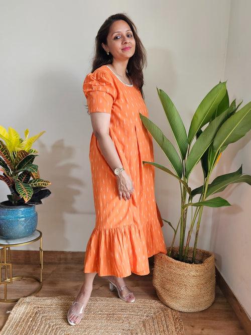 Anjana Orange Ikkat Midi Dress