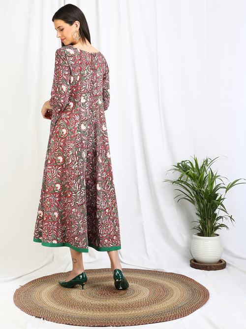 Block Print Anarkali ' Plum Floral ' Cotton Dress