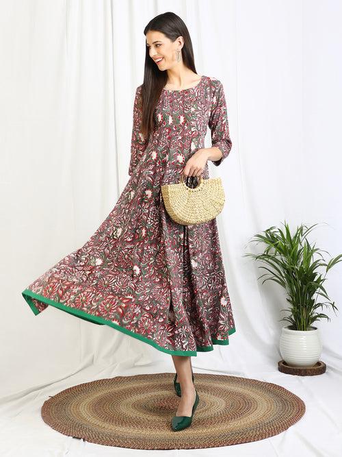 Block Print Anarkali ' Plum Floral ' Cotton Dress