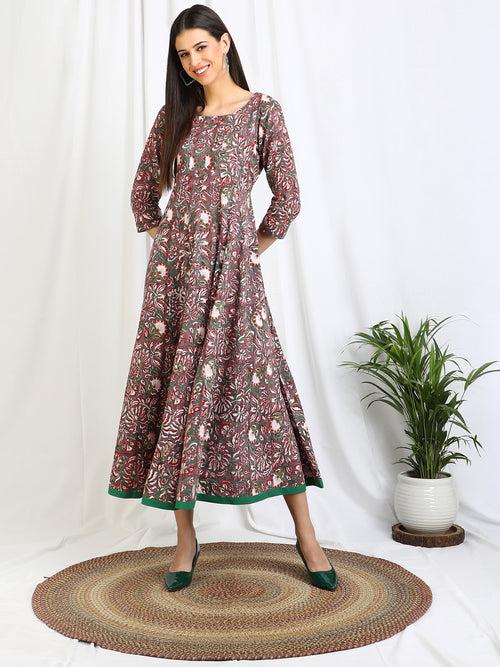 Block Print Anarkali ' Plum Floral ' Cotton Dress