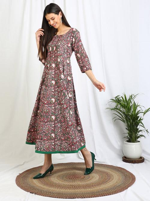 Block Print Anarkali ' Plum Floral ' Cotton Dress