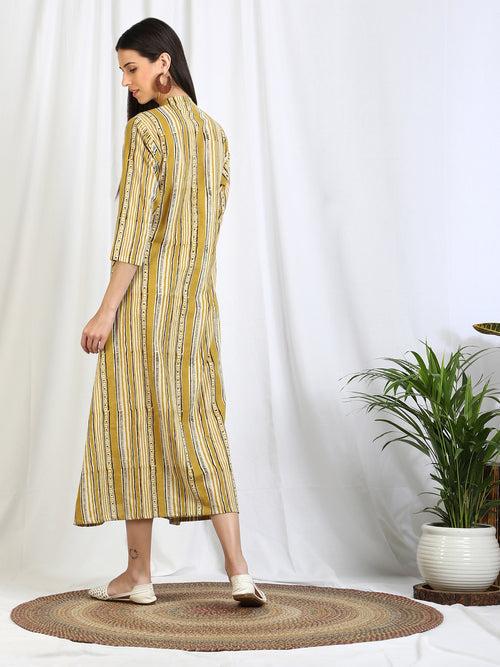 Ajrakh Dabu Striped Cotton Button Down 'Jasmine' Dress