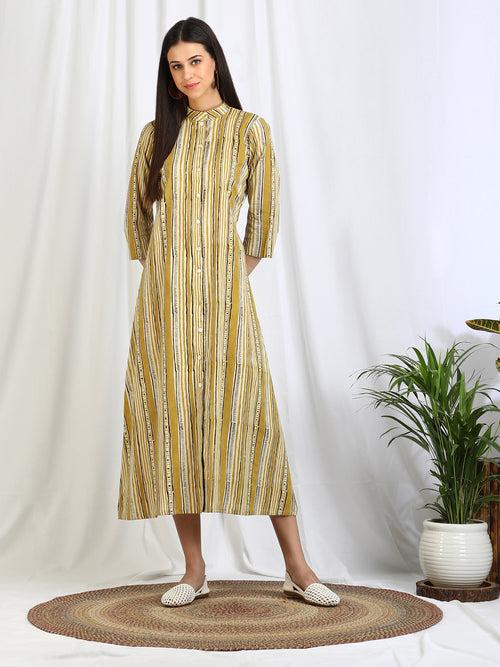 Ajrakh Dabu Striped Cotton Button Down 'Jasmine' Dress