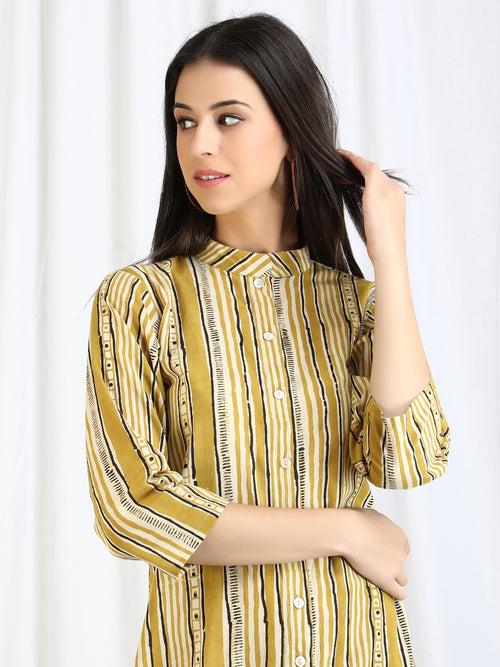 Ajrakh Dabu Striped Cotton Button Down 'Jasmine' Dress