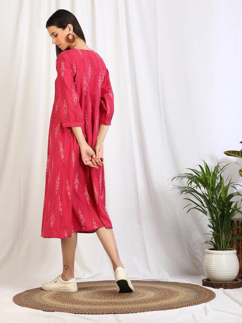Pink Ikat Cotton 'Mahi' Yoke Dress