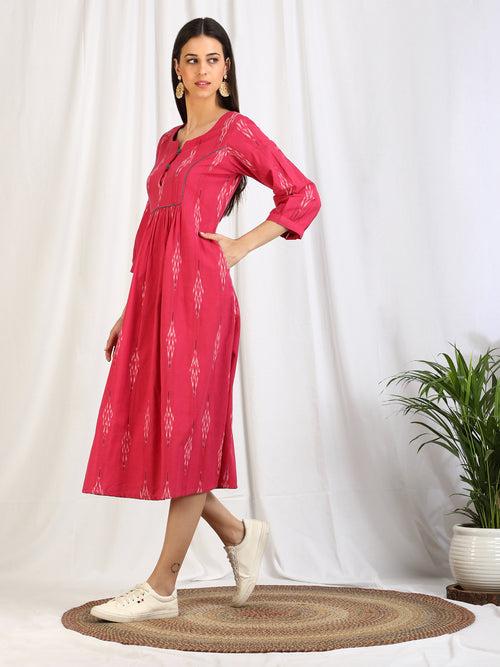 Pink Ikat Cotton 'Mahi' Yoke Dress