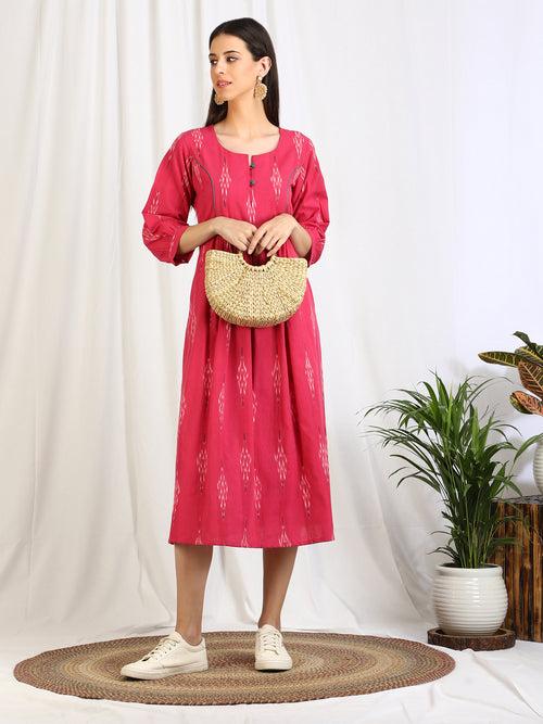 Pink Ikat Cotton 'Mahi' Yoke Dress