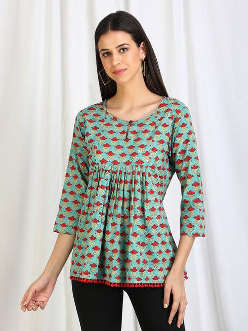 Handblocked 'Deep Green' Cotton Top