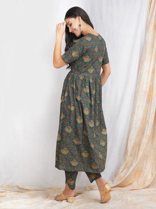 Green Gold Foil Print Angrakha Kurta