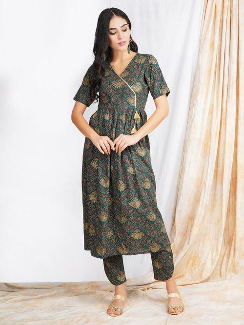 Green Gold Foil Print Angrakha Kurta