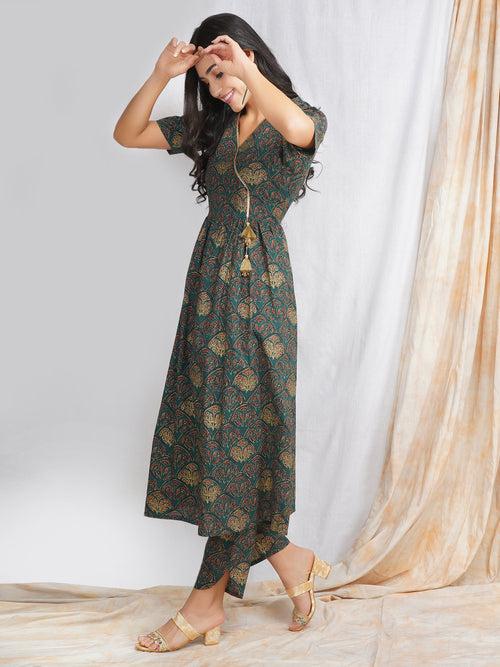 Green Gold Foil Print Angrakha Kurta