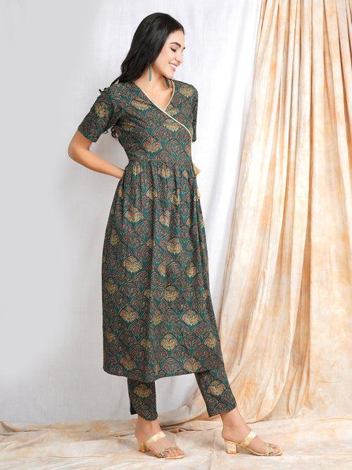 Green Gold Foil Print Angrakha Kurta