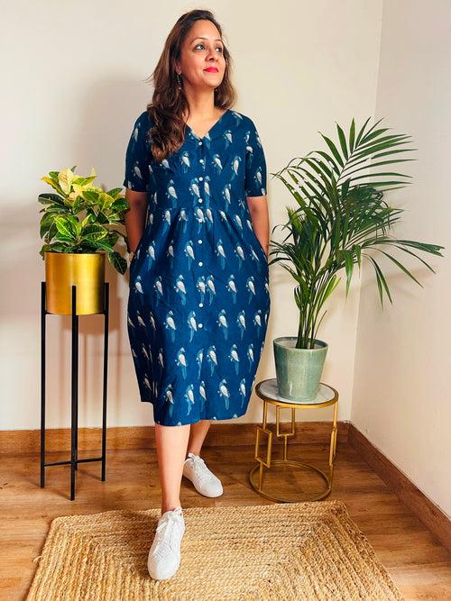 Natural Indigo Block Print Cotton Dress