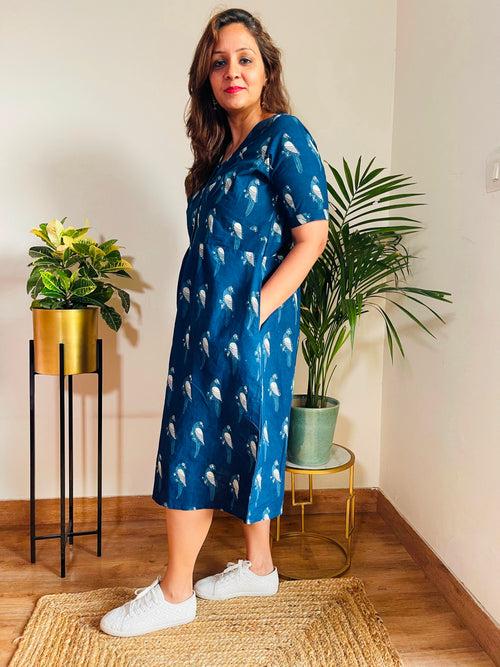 Natural Indigo Block Print Cotton Dress