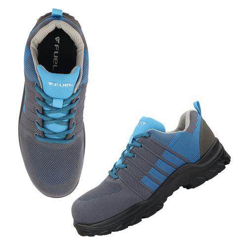 Fuel Aqua Sporty Design Knitted Fabric Breathable Mesh Lining Safety Shoes For Men's Steel Toe Cap With Single Density PU Sole (Blue)