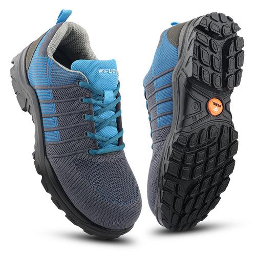 Fuel Aqua Sporty Design Knitted Fabric Breathable Mesh Lining Safety Shoes For Men's Steel Toe Cap With Single Density PU Sole (Blue)