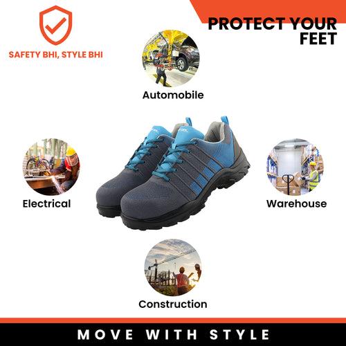 Fuel Aqua Sporty Design Knitted Fabric Breathable Mesh Lining Safety Shoes For Men's Steel Toe Cap With Single Density PU Sole (Blue)