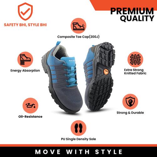 Fuel Aqua Sporty Design Knitted Fabric Breathable Mesh Lining Safety Shoes For Men's Steel Toe Cap With Single Density PU Sole (Blue)