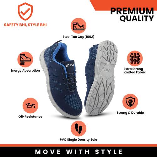 Fuel Arsenal Sporty Design Knitted Fabric Breathable Mesh Lining Safety Shoes For Men's Steel Toe Cap With Rubber Sole (Blue)