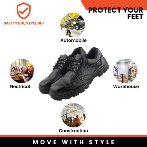 Fuel Spear Genuine Leather Safety Shoes for Men's Steel Toe Cap With Single Density PU Sole (Black)