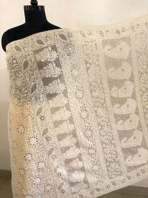 Beige All Over Jaal Chikankari Mukaish Saree