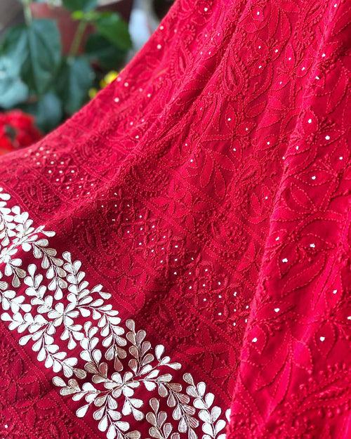 Red Gota Patti Daaman Chikankari Suit