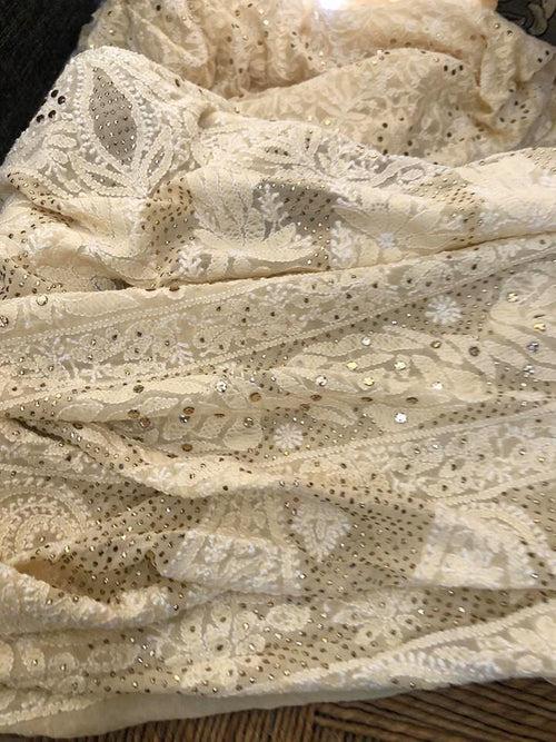 Beige All Over Jaal Chikankari Mukaish Saree