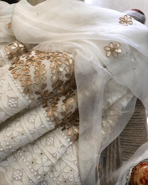 White Chikankari Kurti Fabric with Gota Patti Daaman