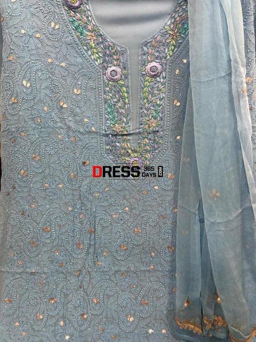 Powder Blue Parsi Gara Chikankari Suit