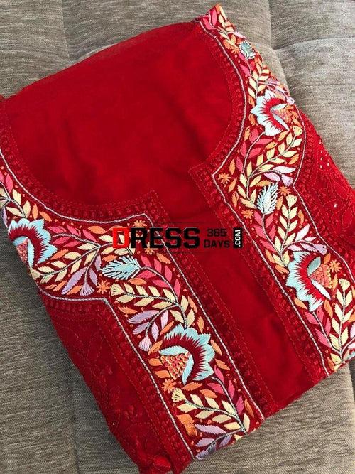 Red Parsi Gara Chikankari Suit