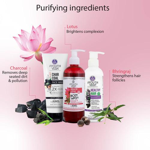 Bestseller Face, Body, Hair Combo: Charcoal Face Wash (100 ml), Aquatic Lotus Body Wash (300 ml), Healthy Hair Shampoo (200 ml)