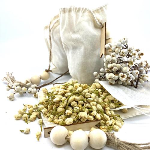 100% Naturally Dried Jasmine Flowers, Jute & Wooden Beaded Drawstring Sack, 1/2 oz