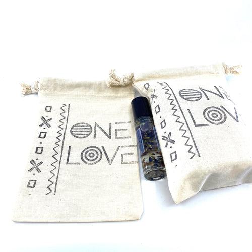 Hand Stamped, One Love, Cotton Drawstring Pouches 4" x 6"