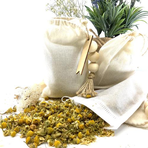 100% Naturally Dried Chamomile Flowers, Jute & Wooden Beaded Drawstring Sack, 1/2 oz