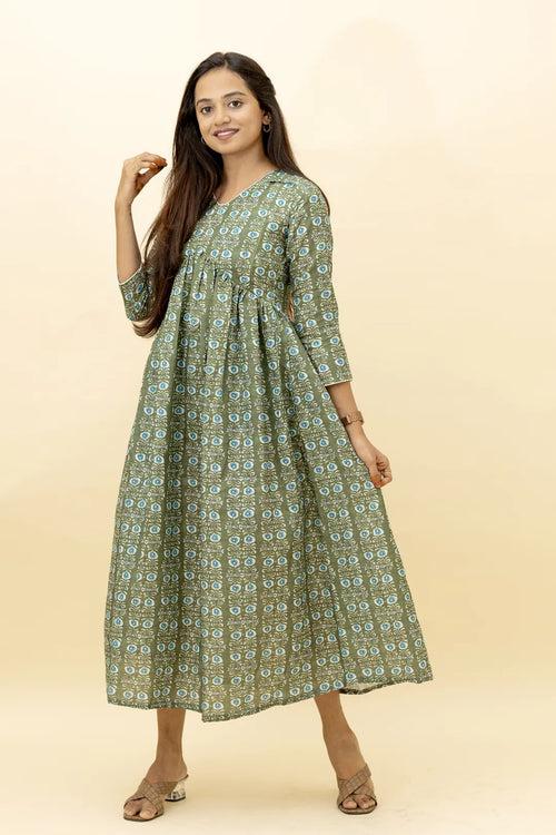 Meadow Green Bloom Ease Ajrakh Alia Cut Dress