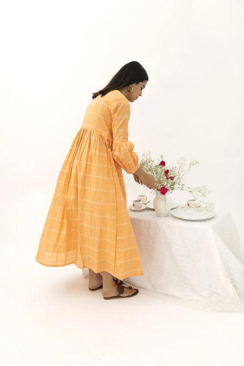 Orange Checked Cotton Maxi Dress