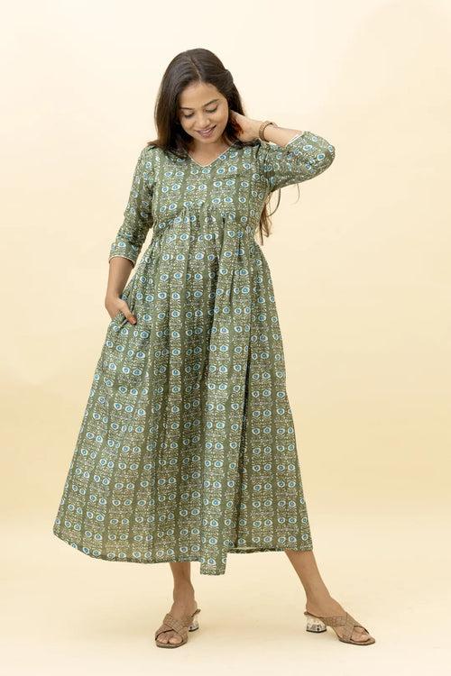 Meadow Green Bloom Ease Ajrakh Alia Cut Dress