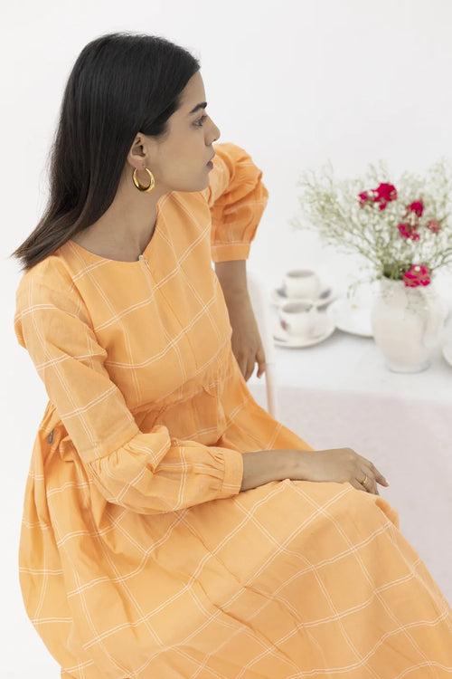 Orange Checked Cotton Maxi Dress