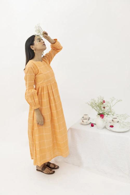 Orange Checked Cotton Maxi Dress