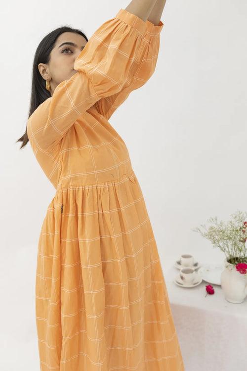 Orange Checked Cotton Maxi Dress