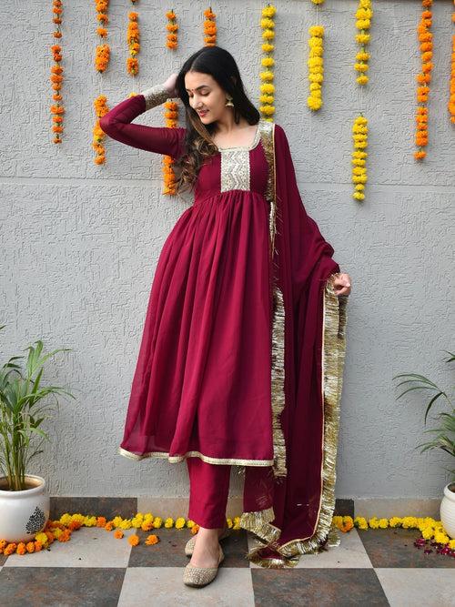 Wine Georgette Suit Set