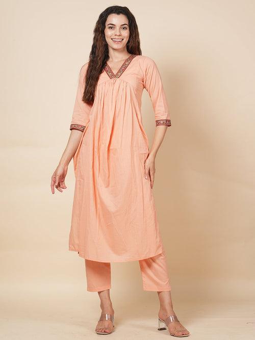 Peach Solid Kurta Set