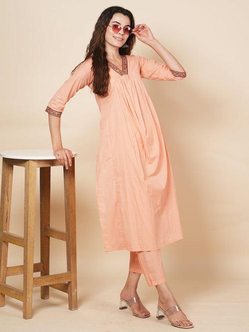 Peach Solid Kurta Set