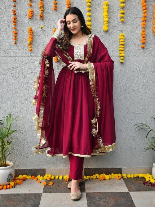 Wine Georgette Suit Set