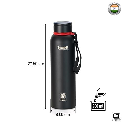 Sumeet Nero 24 Hrs Hot & Cold ISI Certified Stainless Steel Leak Proof Water Bottle for Office/School/College/Gym/Picnic/Home/Trekking -900ml, Pack of 1, Black