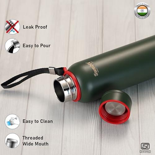 Sumeet Nero 24 Hrs Hot & Cold ISI Certified Stainless Steel Leak Proof Water Bottle for Office/School/College/Gym/Picnic/Home/Trekking -900ml, Pack of 1, Green